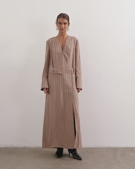 Topshop viscose satin stripe dropped waist long sleeve wrap front maxi dress in taupe