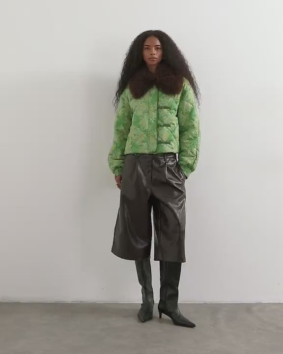 Topshop printed fur collar jacket in green