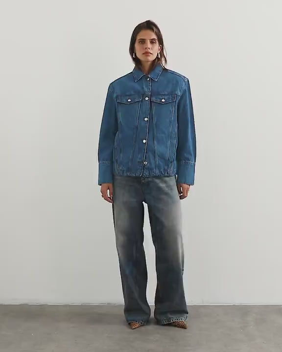 Topshop denim jacket with strong shoulder in mid blue
