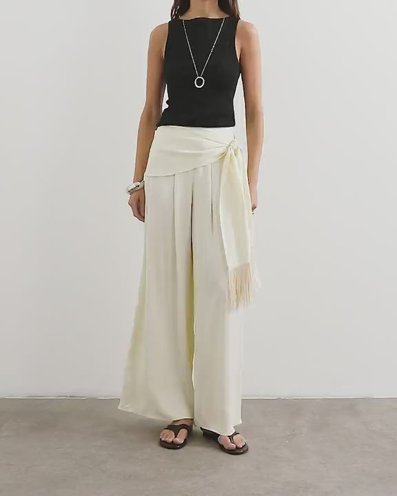 Topshop satin feel wrap co-ord trouser with fringe detail in cream