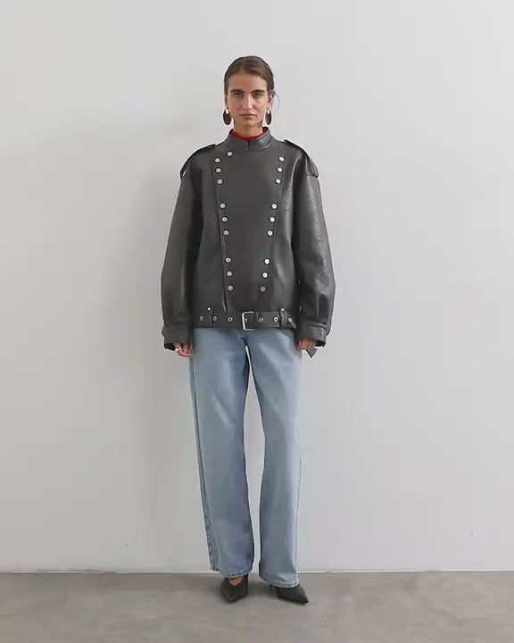 Topshop faux leather hardwear detail biker jacket in grey