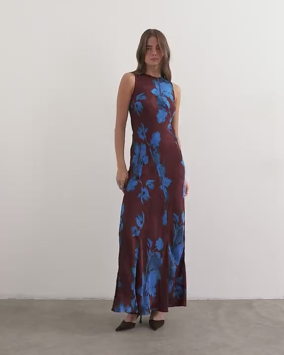 Topshop racer neck midi dress in dark based floral jacquard