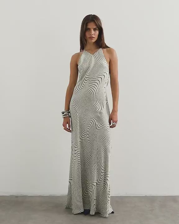 Topshop satin cut away racer neck full skirt maxi dress in mono wavy print