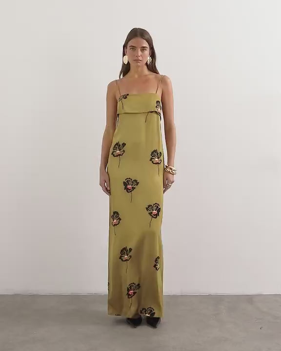 Topshop satin lapel bust maxi dress in olive scattered floral