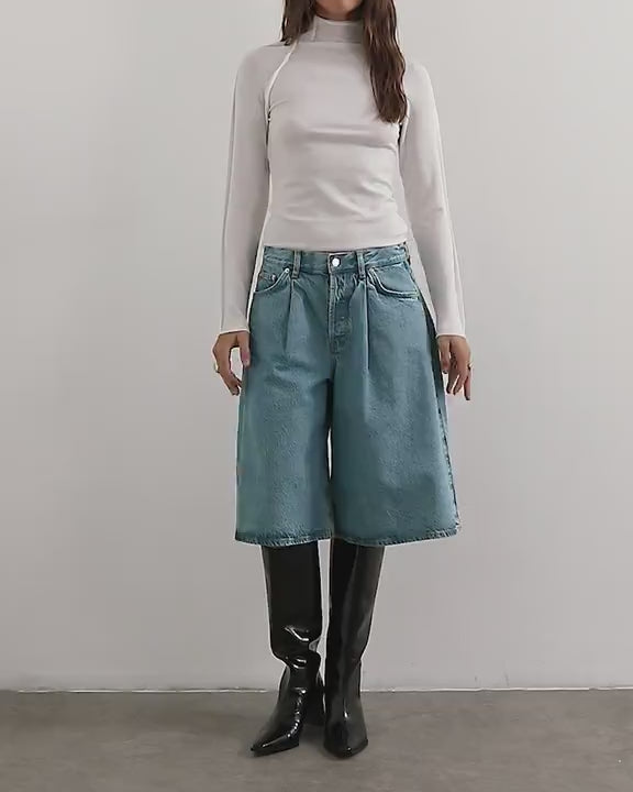 Topshop X Cara denim ultra-wide pleated culotte in light green cast