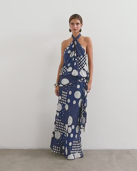 Topshop halter neck dropped waist tie detail maxi dress in navy mixed spot