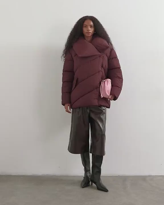 Topshop funnel neck mid length puffer jacket in burgundy