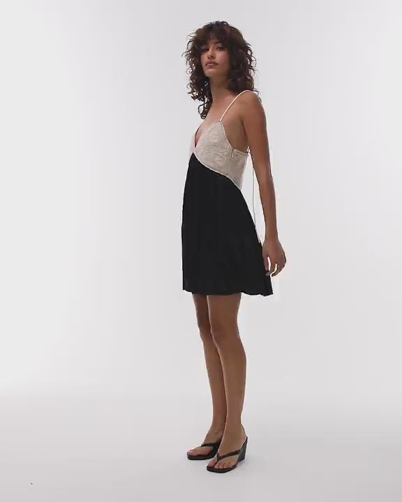 Topshop pintucked waist crochet bust mini dress in black