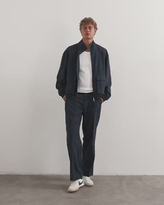 Topman oversized fit tailored funnel neck bomber with boucle pinstripe in navy