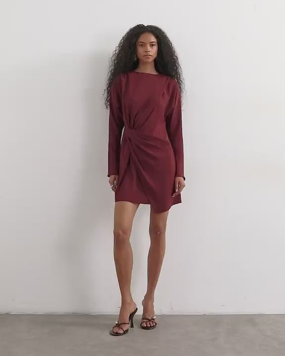 Topshop long sleeve tuck side mini dress in burgundy