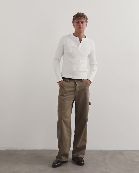 Topman premium regular fit long sleeve textured henley with woven placket in ecru