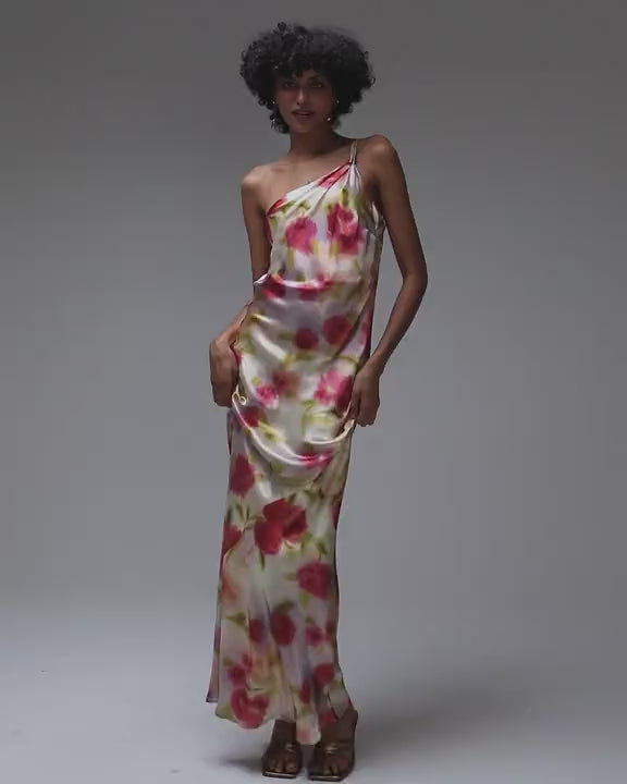 Topshop asymmetric one shoulder open back midi occasion dress in watercolour bloom