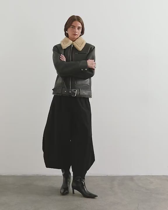Topshop shearling belted biker jacket in black and cream