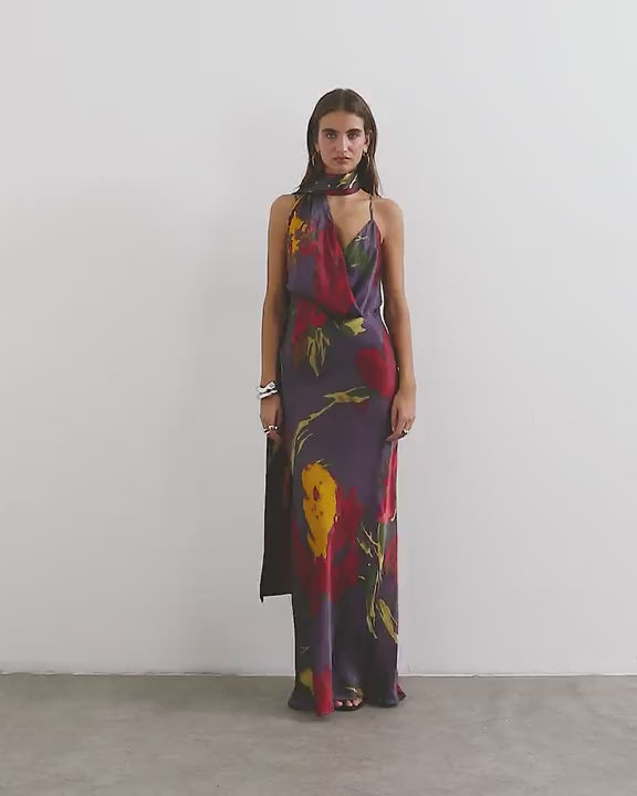 Topshop satin slip maxi dress with scarf neck detail in dark based floral