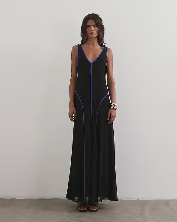 Topshop chiffon V neck dropped waist maxi dress in black with blue tipping