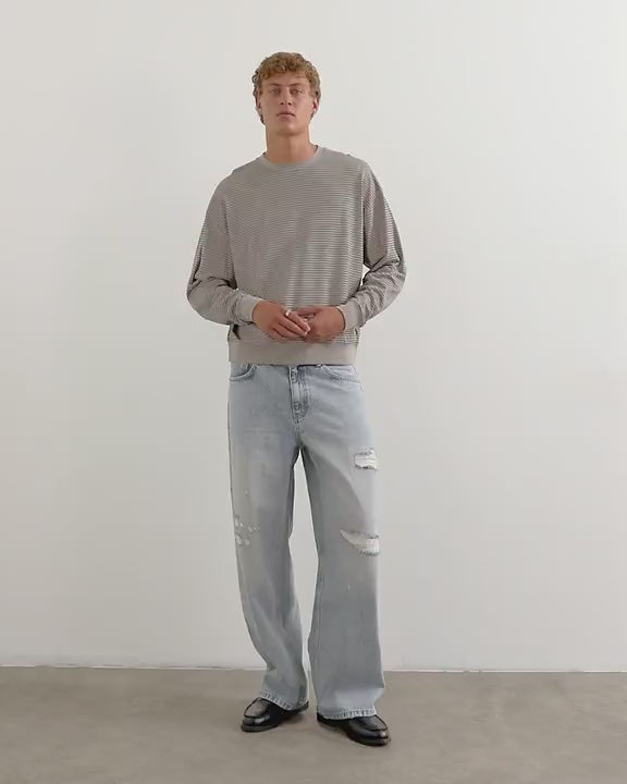 Topman relaxed fit crop long sleeve t-shirt with stripe in grey