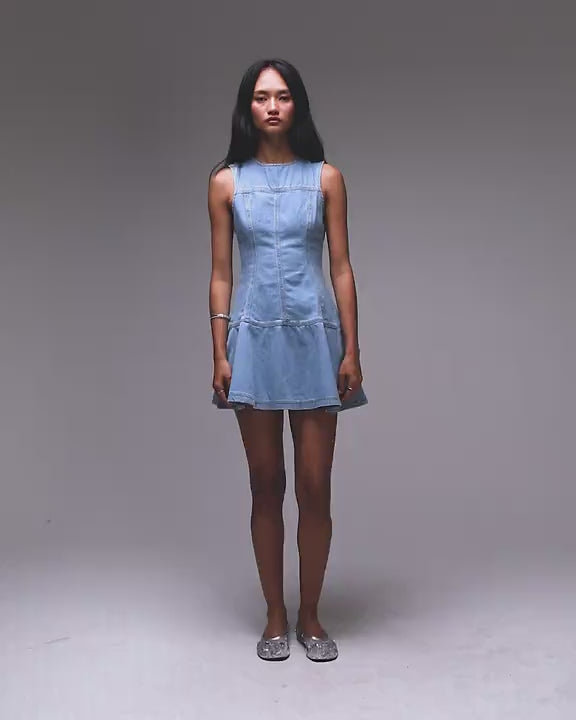 Topshop denim seamed flippy mini dress in mid blue