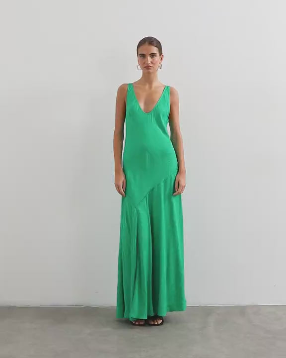 Topshop satin jacquard dropped waist low scoop maxi dress in green