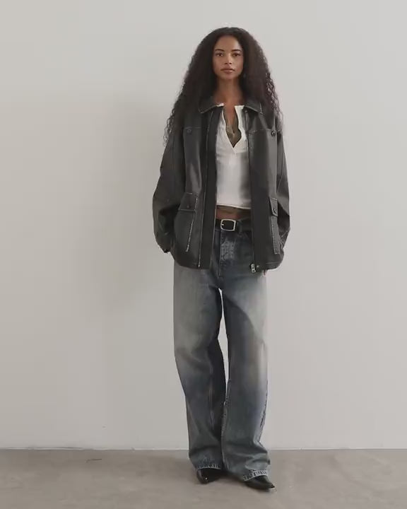Topshop faux leather cinch waist jacket in black