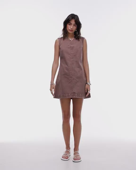 Topshop denim v neck mini dress in otter brown