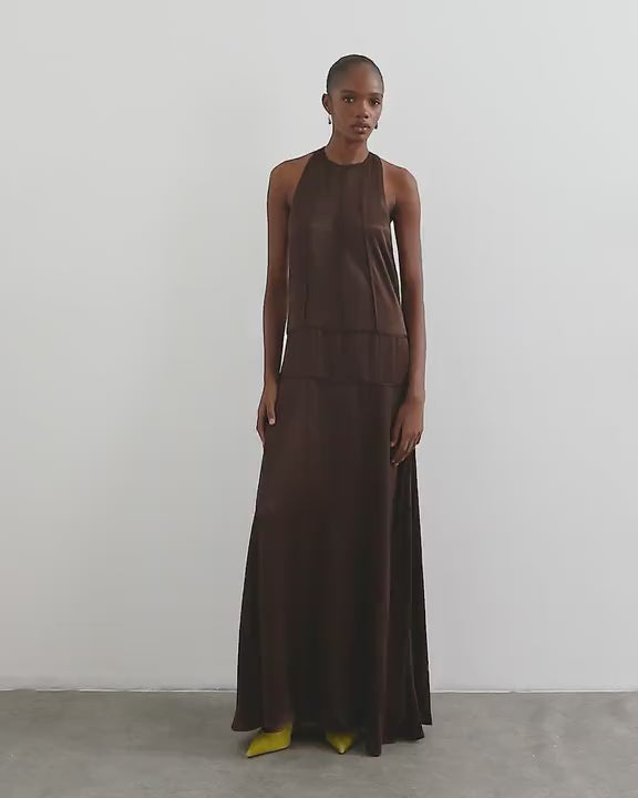 Topshop satin dropped waist low armhole maxi dress in chocolate