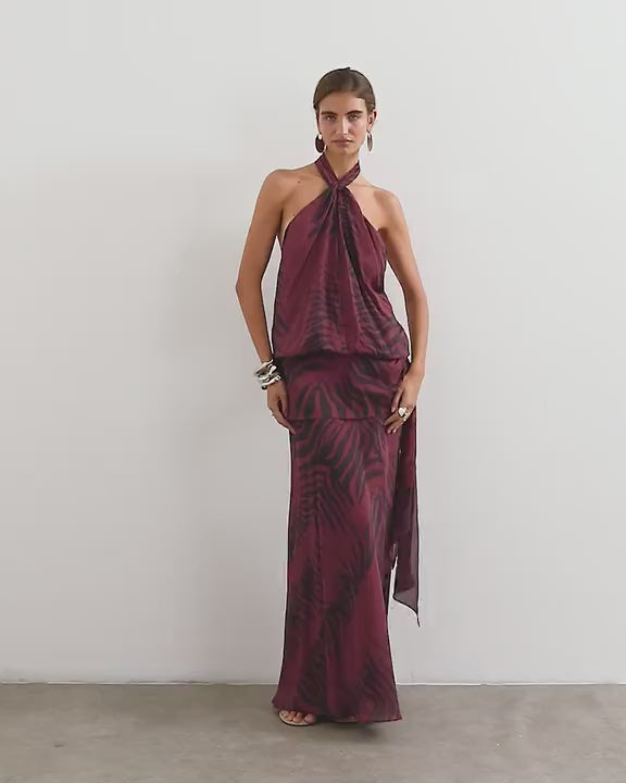 Topshop halter neck dropped waist tie detail maxi dress in burgundy zebra print