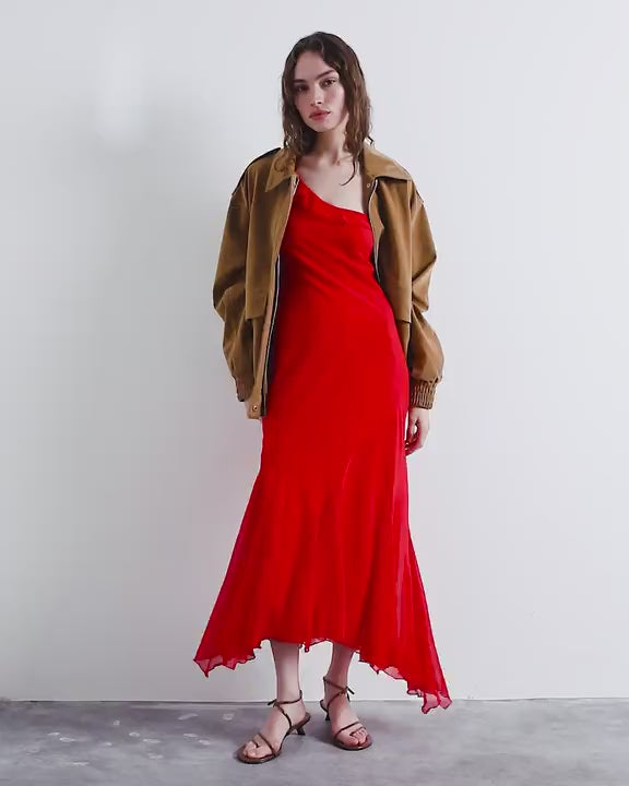 Topshop godet hem occasion midi dress in red chiffon