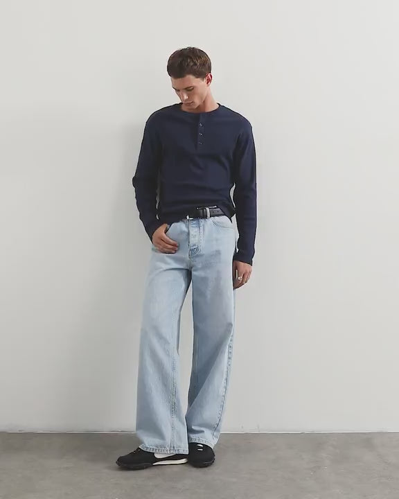 Topman slim fit long sleeve rib henley t-shirt in navy