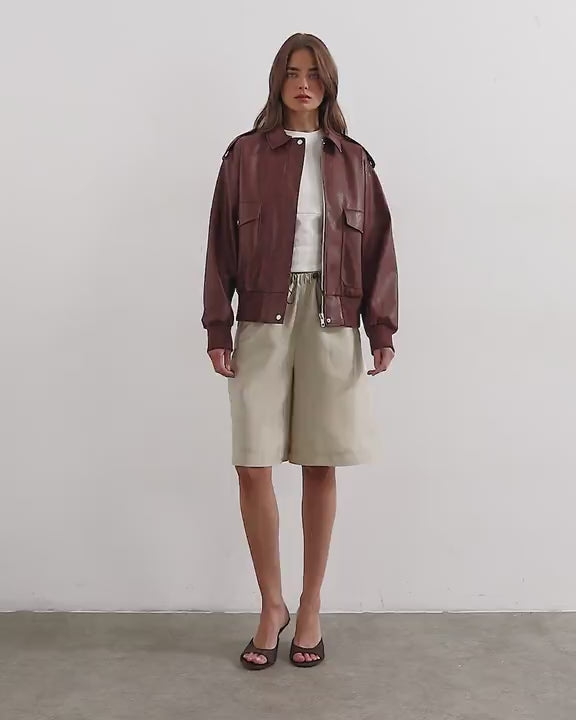Topshop faux leather bomber jacket in burgundy