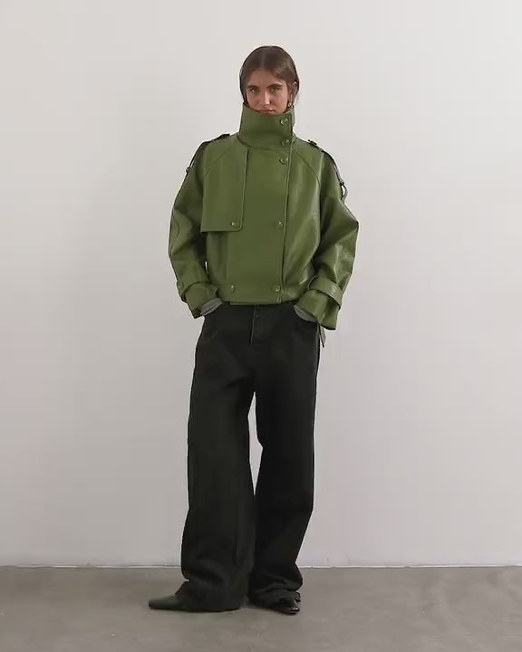 Topshop faux leather short mac in olive