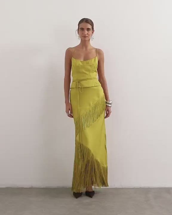 Topshop premium satin corset maxi dress with fringing detail in olive