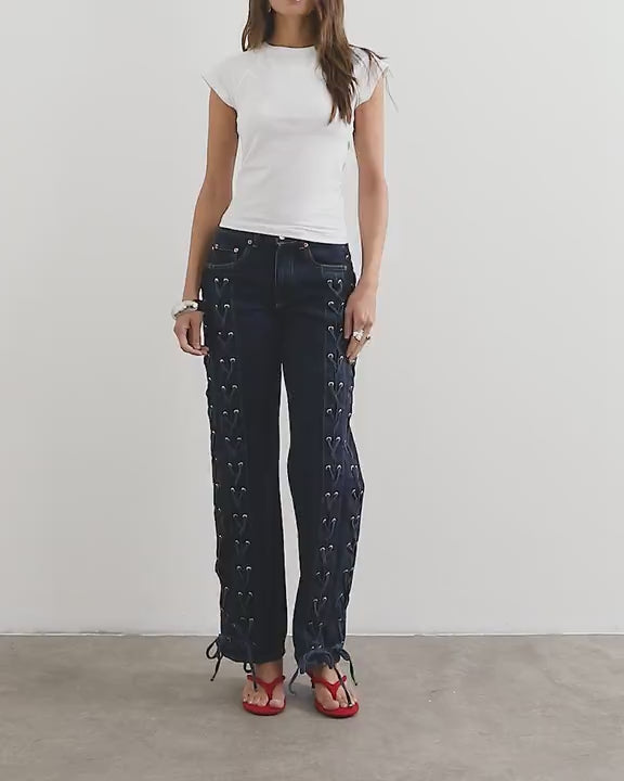 Topshop denim straight leg jean with extreme lace-up in deep blue