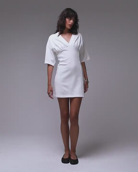 Topshop v-neck short sleeve structured mini dress in ivory