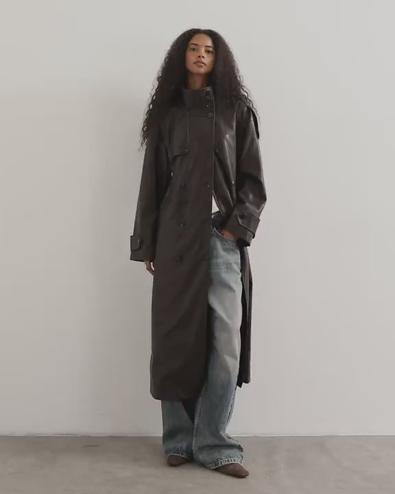 Topshop faux leather longline cinch waist trench coat in brown