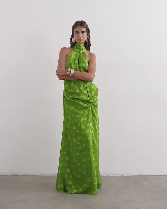 Topshop halter neck tucked side maxi dress with burnout square print detail in green
