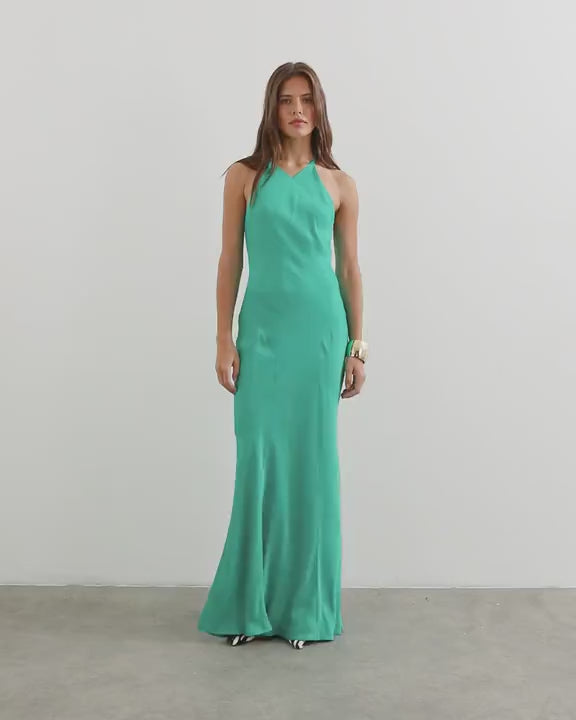 Topshop satin cut away racer neck full skirt maxi dress in green