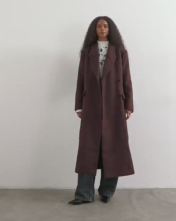 Topshop belted longline formal coat in burgundy