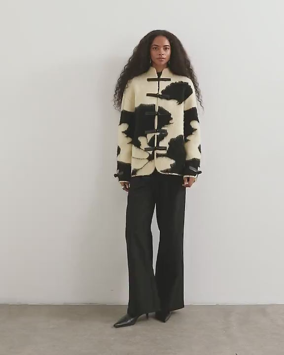Topshop knitted patterned frogging detail jacket in black and white