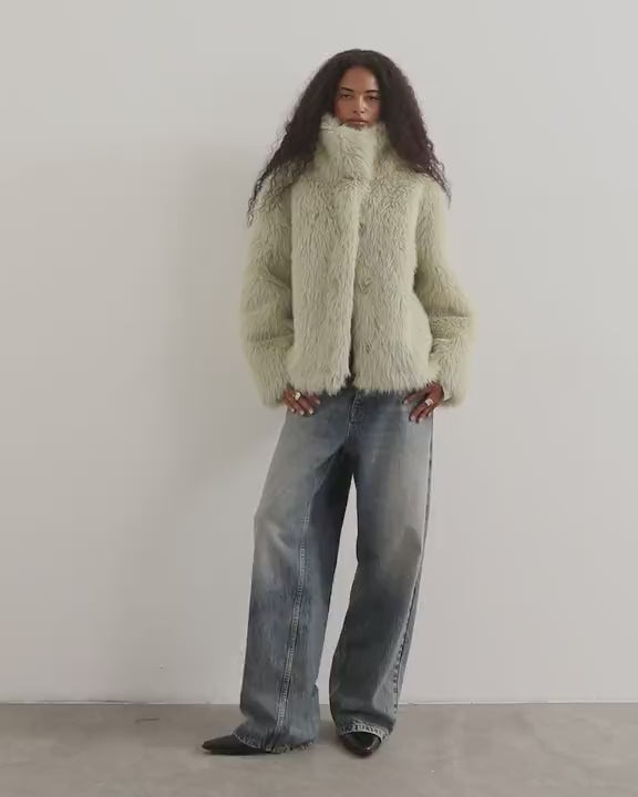 Topshop faux fur funnel neck detachable length coat in light green