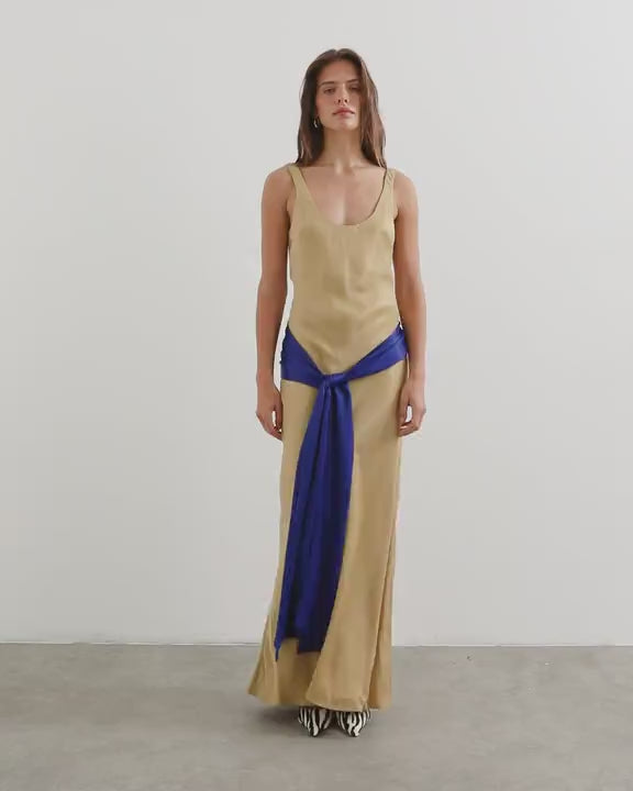 Topshop satin dropped waist maxi dress with contrast tie belt in gold and blue