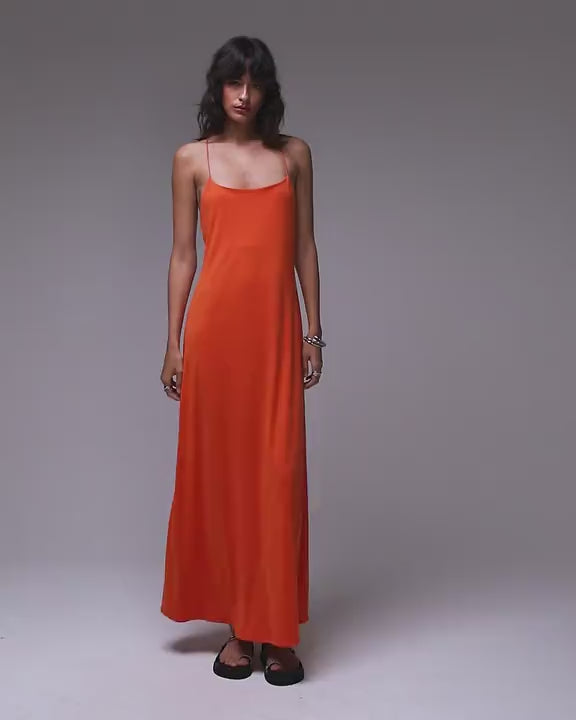 Topshop cami maxi low back detail dress in orange