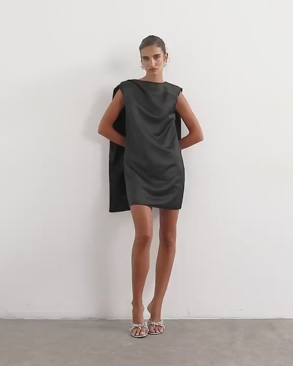 Topshop satin asymmetric pleat detail cape back mini dress in black