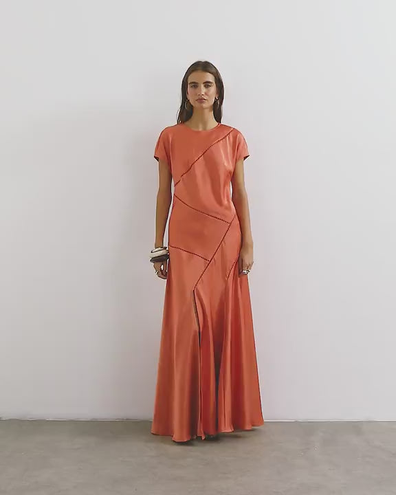 Topshop short sleeve satin panel detail maxi dress in orange