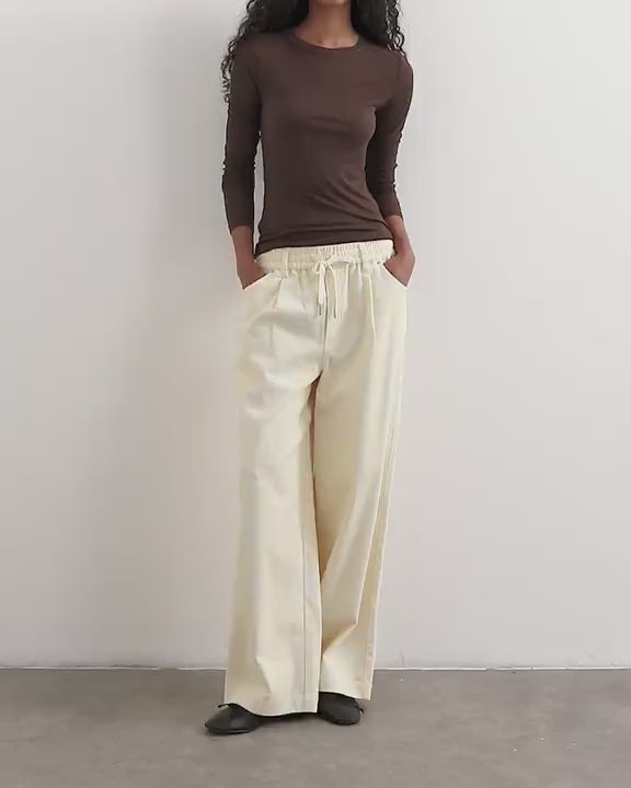 Topshop cord wide leg pull on trouser in stone