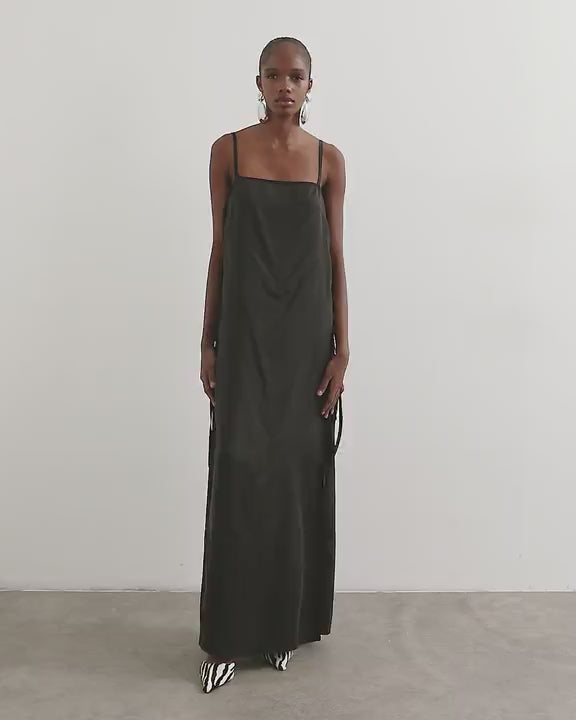 Topshop premium silk touch unlined maxi slip dress with satin tie side details in black