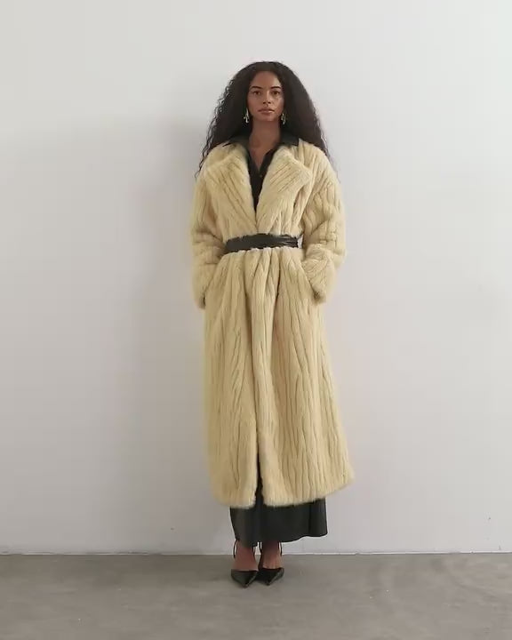Topshop faux fur longline coat with faux leather belt in beige