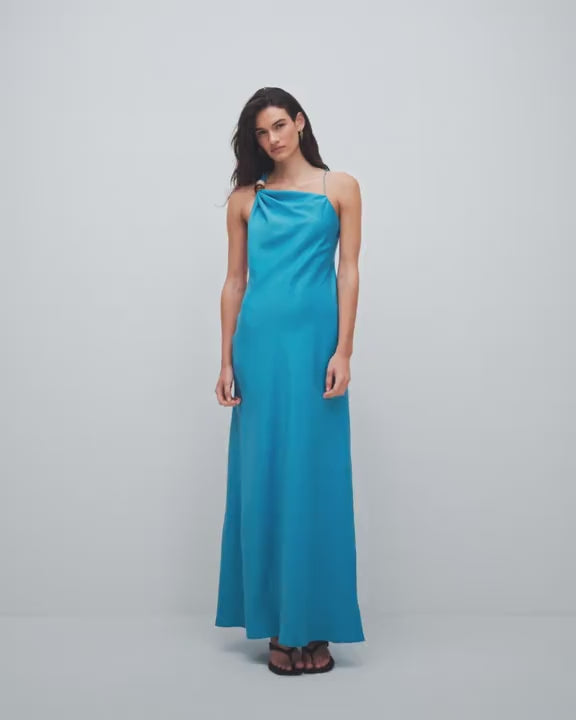 Topshop satin asym beaded neck maxi occasion dress in blue