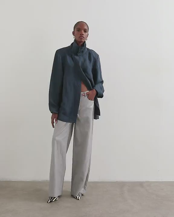 Topshop faux leather mid rise wide leg trousers in light grey