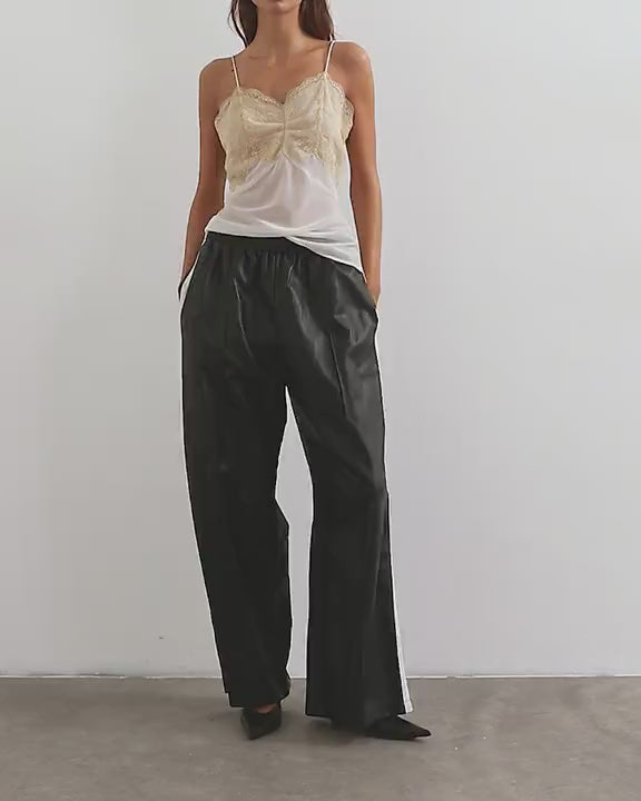 Topshop faux leather stripe wide leg trousers in black
