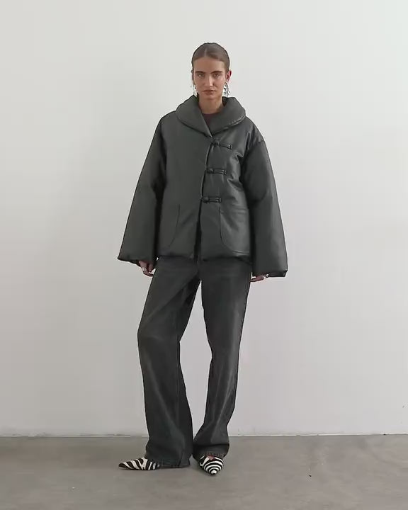 Topshop faux leather pillow scarf puffer jacket in black